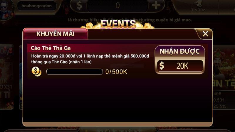 Giftcode VB77 với chương trình hoàn trả cào thẻ 20k